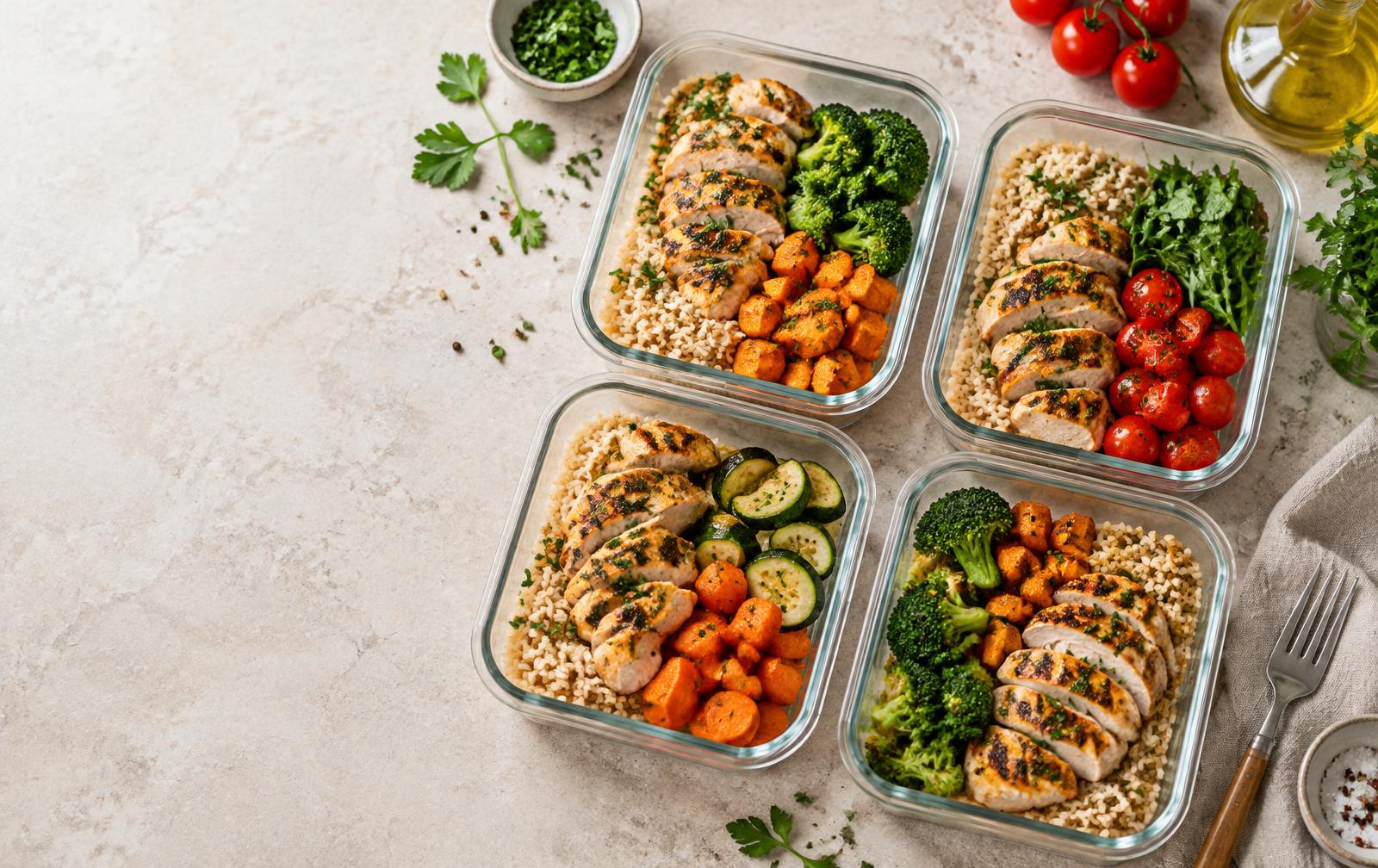 Marmitas saudáveis organizadas com frango, legumes e arroz